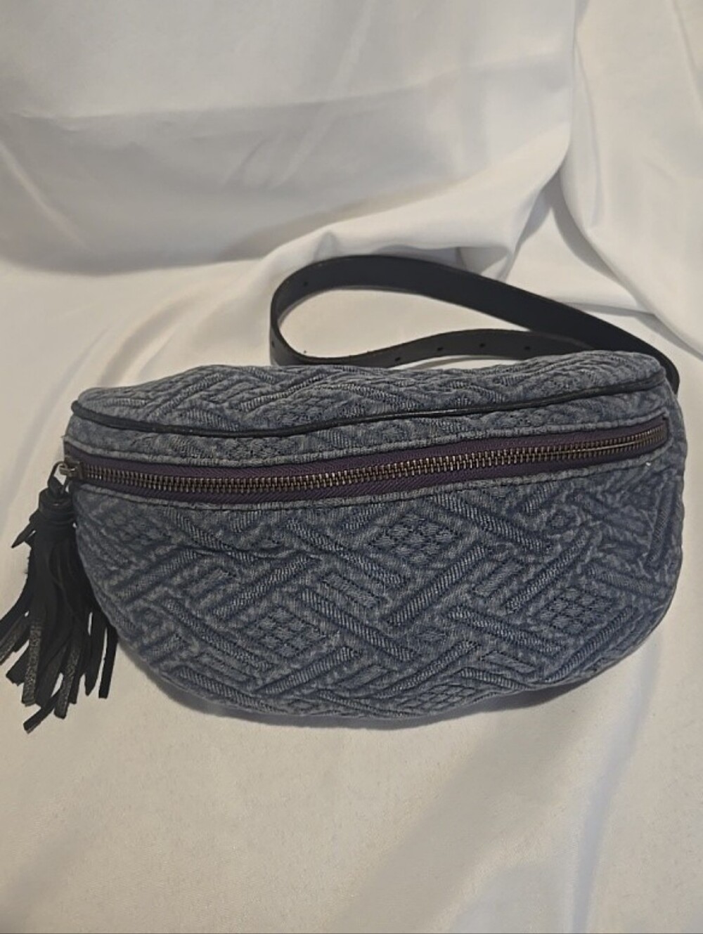 Ecote Quilted Blue Crossbody Belt Bag with Tassel